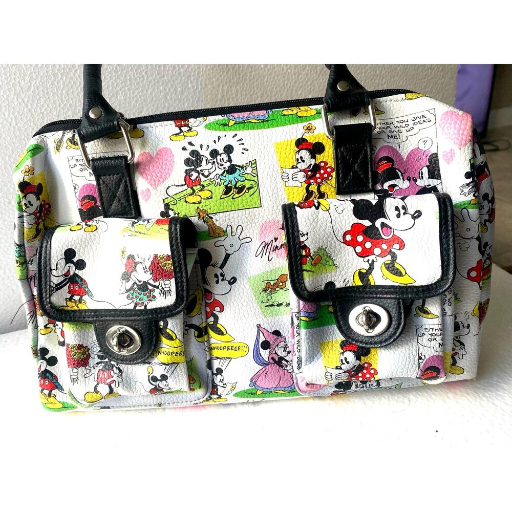 Disney Parks authentic Mickey and Minnie Mouse cartoon collage satchel handbag